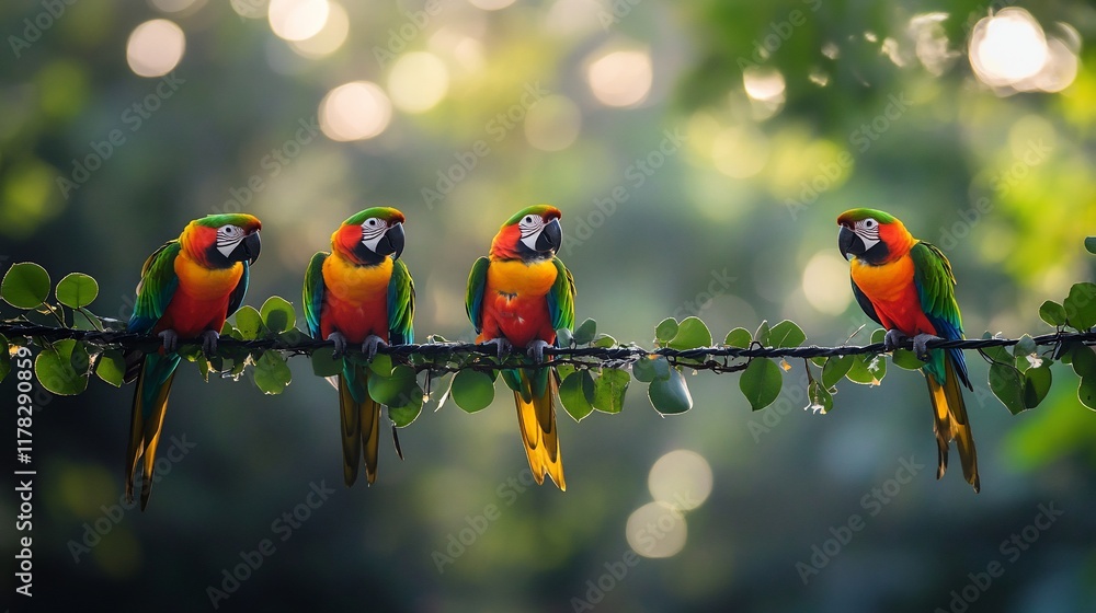 Poster four vibrant macaws perched on a branch, sunlight filtering through lush foliage.