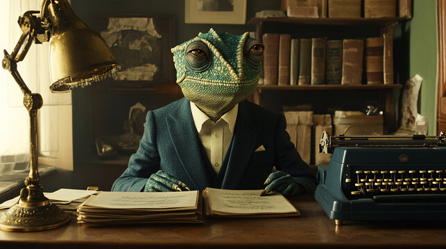 A sophisticated chameleon in a retro three-piece suit, sitting at a mid-century office desk covered with old ledgers, a vintage typewriter, and an ornate brass lamp. 