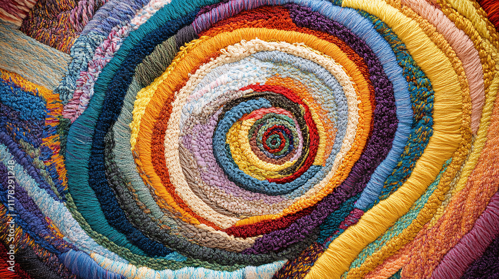 Poster a spiraling arrow made of colorful threads, intricately woven into a tapestry, symbolizing the conne