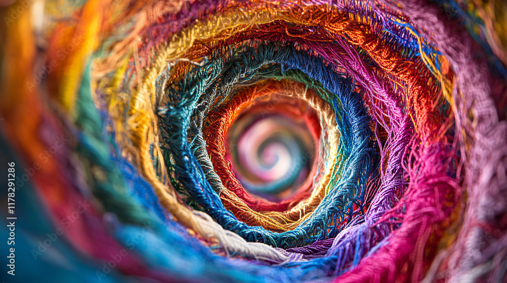 Poster a spiraling arrow made of colorful threads, intricately woven into a tapestry, symbolizing the conne