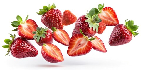 Flying Strawberries: Juicy Fruit, Half Slices, White Background, Clipping Path, Food Photography, Fresh Strawberry Images