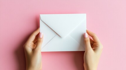 Obraz premium Woman's hands holding a blank white envelope on a pink background.