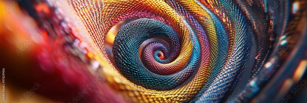 Poster a spiraling arrow made of colorful threads, intricately woven into a tapestry, symbolizing the conne