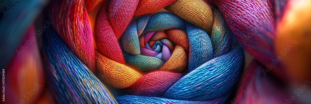 Poster a spiraling arrow made of colorful threads, intricately woven into a tapestry, symbolizing the conne