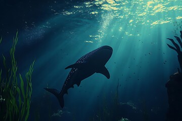 Fototapeta premium Whale Shark Underwater Majesty: A Deep Ocean Encounter