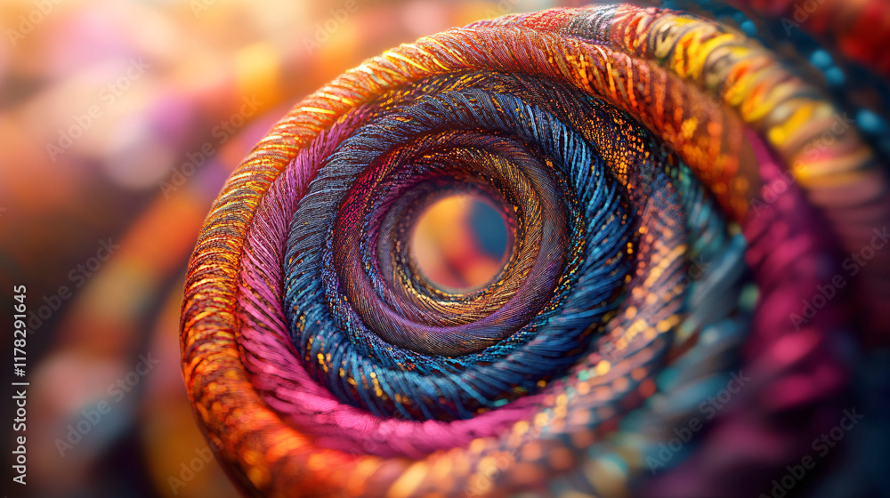 Poster a spiraling arrow made of colorful threads, intricately woven into a tapestry, symbolizing the conne
