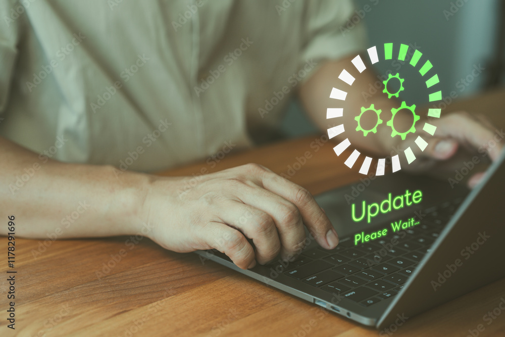 Poster Man working and installing update process on a laptop while a glowing update progress graphic with gears and 