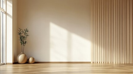 Minimalist interior design, Japanese-inspired room divider, wooden lattice screen, sunlit space, hardwood flooring, potted plants, white ceramic vases, zen atmosphere, natural light and shadows, empty