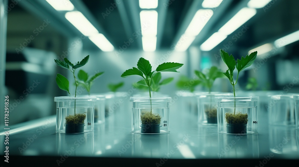 Poster young plants growing in transparent containers under artificial light in a laboratory setting.