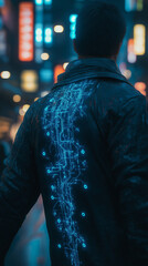 Obraz premium Futuristic man with glowing cybernetic implants in neon city