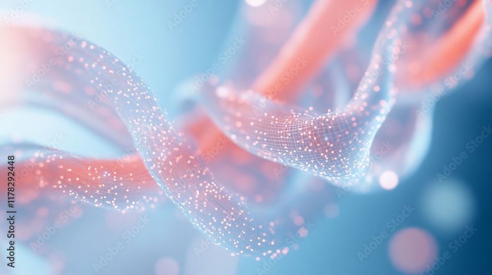 Poster abstract flowing light trails with pink and blue hues, resembling data streams or energy flow.
