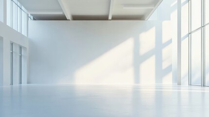 Obraz premium Sunlit empty white room with large windows and high ceilings.