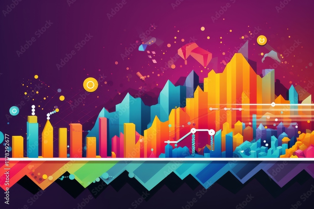 Poster abstract colorful cityscape with geometric shapes and data visualization