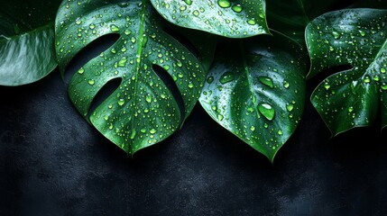 Obraz premium Stunning Close-up of Dew-Kissed Monstera Leaves