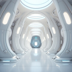Obraz premium Futuristic White Corridor SciFi Interior Spaceship Design 3D Render