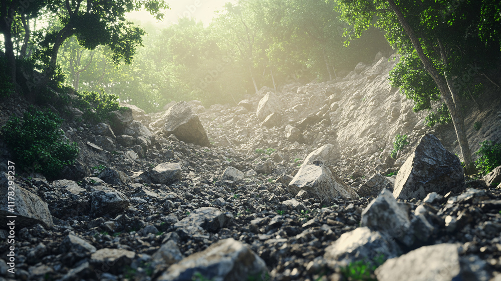 Poster a stark representation of a landslide, with boulders and debris cascading down a hillside, surrounde