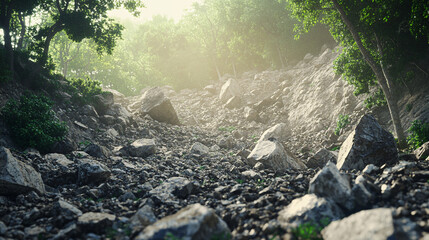 Obraz premium A stark representation of a landslide, with boulders and debris cascading down a hillside, surrounded by trees and greenery, illustrating the power of erosion and instability. 