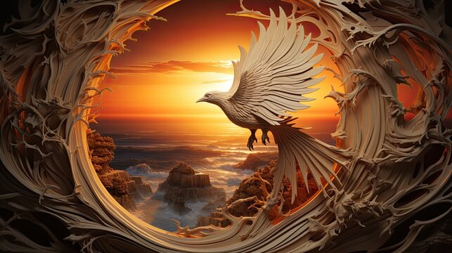 Un oiseau majestueux s'envole vers un coucher de soleil &eacute;clatant, encadr&eacute; par des motifs organiques, symbolisant la renaissance et l'espoir.