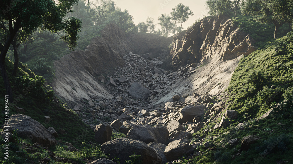 Poster a stark representation of a landslide, with boulders and debris cascading down a hillside, surrounde