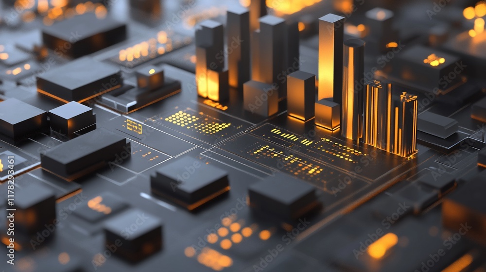 Poster abstract city skyline digitally rendered on circuit board.