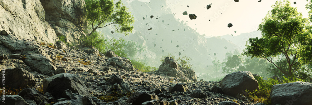 Poster a stark representation of a landslide, with boulders and debris cascading down a hillside, surrounde