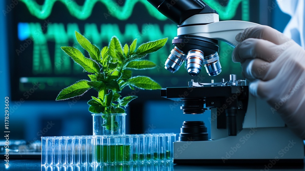 Poster scientist examining a plant in a test tube using a microscope in a lab.