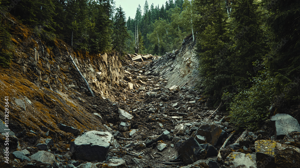 Poster a stark representation of a landslide, with boulders and debris cascading down a hillside, surrounde