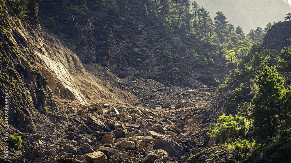 Poster a stark representation of a landslide, with boulders and debris cascading down a hillside, surrounde