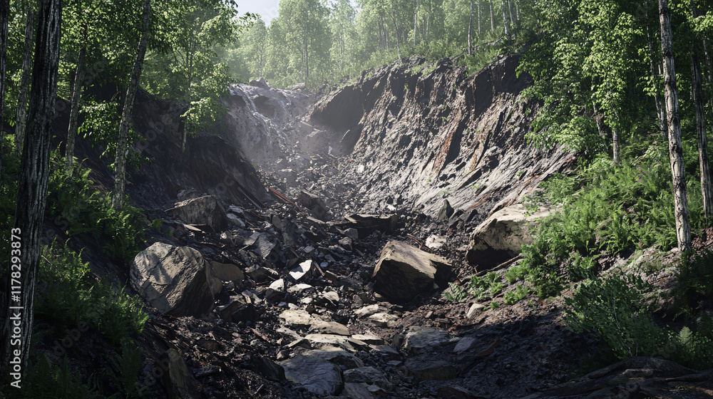 Poster a stark representation of a landslide, with boulders and debris cascading down a hillside, surrounde