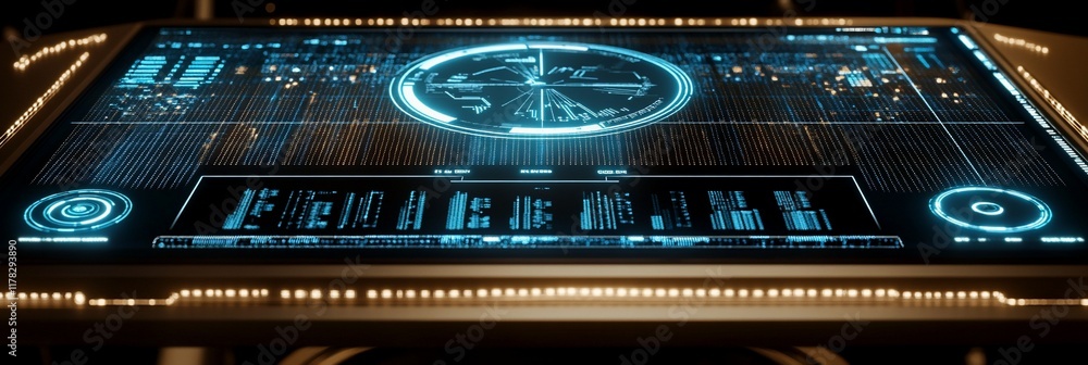 Poster futuristic digital interface with glowing blue graphics on a dark surface.