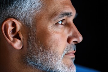 Obraz premium Portrait of a thoughtful mature man with graying hair and beard, profile view against a dark background, showing the details of his face, conveying a sense of contemplation and wisdom.