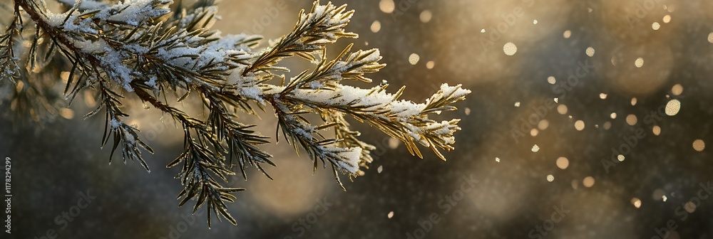 Aufkleber snow-covered pine branch with bokeh background.