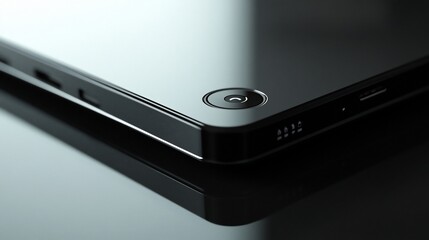 Close-up of a sleek black tablet's edge, showcasing its camera and ports, reflected on a glossy surface.