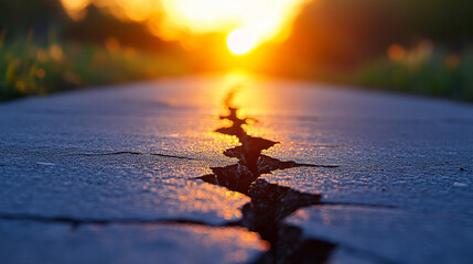 A single shadow stretches across cracked pavement symbolizing resilience strength and perseverance blurred space on the side for caption conveying chaos and contrast in urban or natural environments

