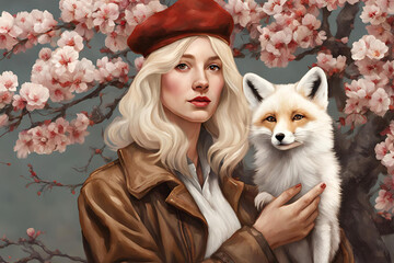 A young woman with blonde hair in a brown beret and jacket holds a white fox in front of a red and...