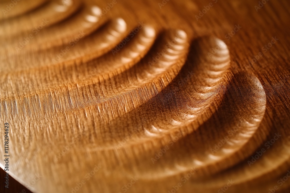 Poster close-up of a wooden surface with carved, crescent-shaped indentations, showcasing intricate detaili