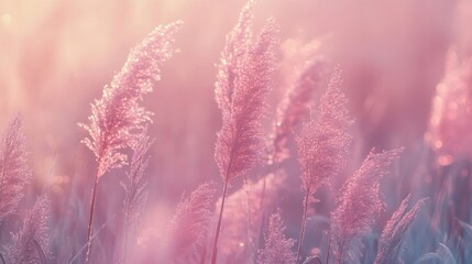 Pink Grass Blades Glimmering in Soft Sunlight