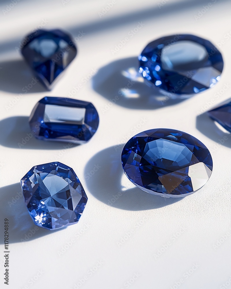 Poster close-up of various shapes and sizes of dark blue gemstones displayed on a white surface, illuminate