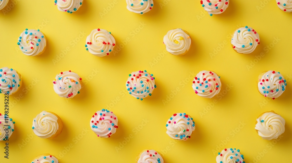 Poster mini cupcakes with colorful sprinkles arranged in a repeating pattern on a yellow background.