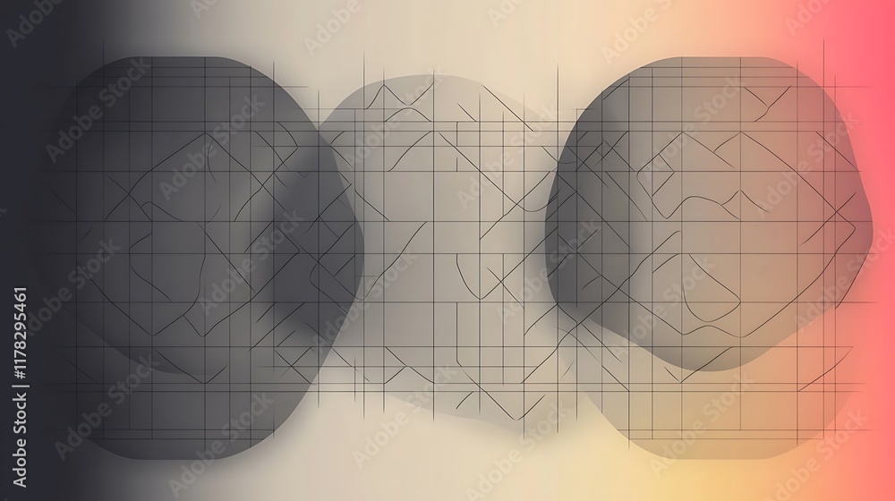Poster abstract shapes overlap on gradient background.