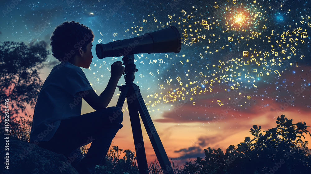 Poster a student looking through a telescope, with letters and symbols from different languages forming con