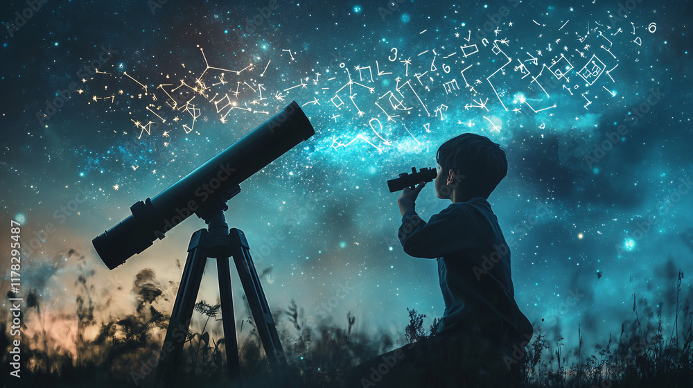 Poster a student looking through a telescope, with letters and symbols from different languages forming con