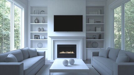 Modern living room with fireplace, sofas, and built-in shelves.
