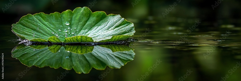 Poster lily pad floating on calm water, reflecting its image. water droplets on leaf. green tones, serene n