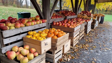 Obraz premium Wooden crates overflowing with ripe red and yellow apples and small pumpkins at an outdoor fall market.