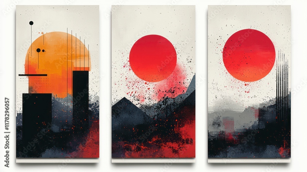 Sticker Abstract triptych art print featuring geometric shapes, sun, mountains, and red splatters.