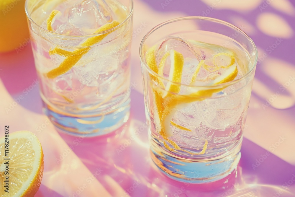 Poster two glasses of refreshing lemon water with ice on a pink background, illuminated by sunlight.