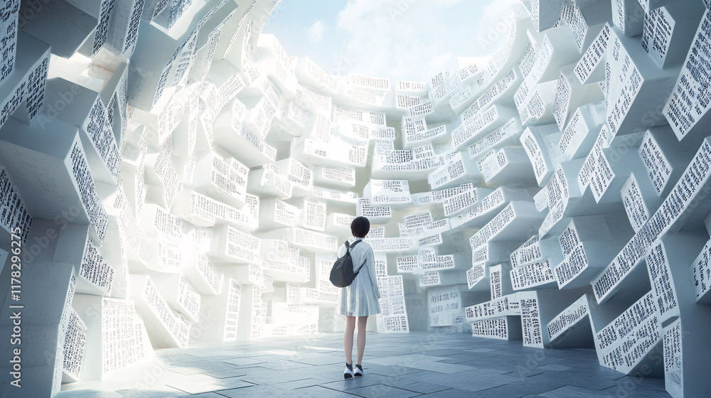 Poster a student navigating a maze of words, with signs in multiple languages, symbolizing the challenges a
