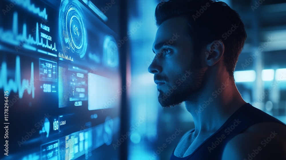 Poster Man studying futuristic interface displaying graphs, charts, and data.