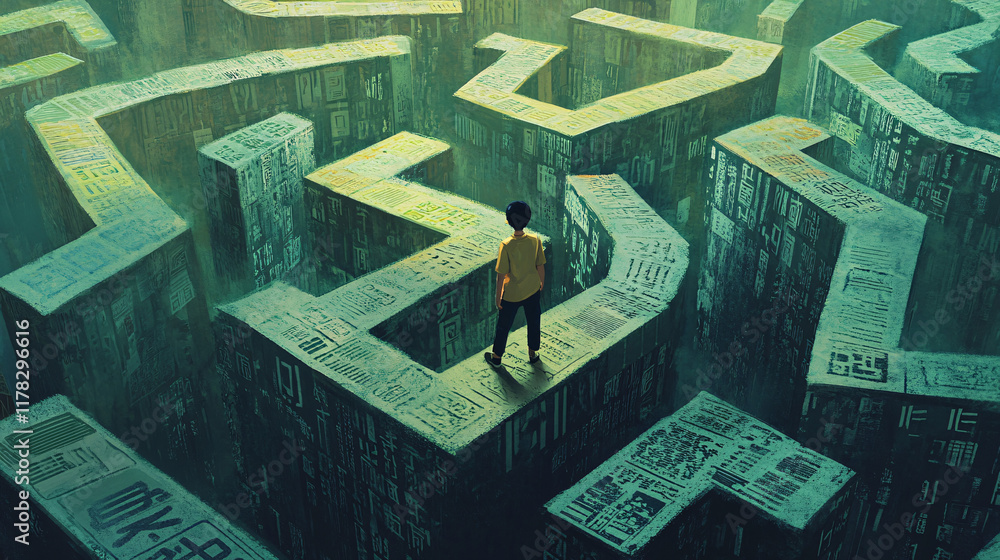Poster a student navigating a maze of words, with signs in multiple languages, symbolizing the challenges a
